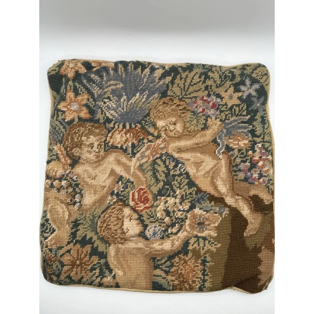 Vintage Needlepoint Pillow Floral Cherub Angel Wool and Velvet Zipper 15.5X 15.5